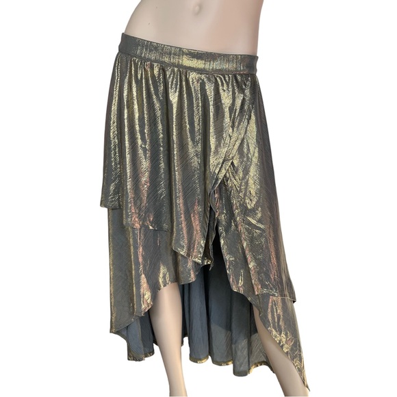 Metallic Gold Lame Midi Skirt Ruffle Hem Thigh Slit Size Large - Picture 1 of 10